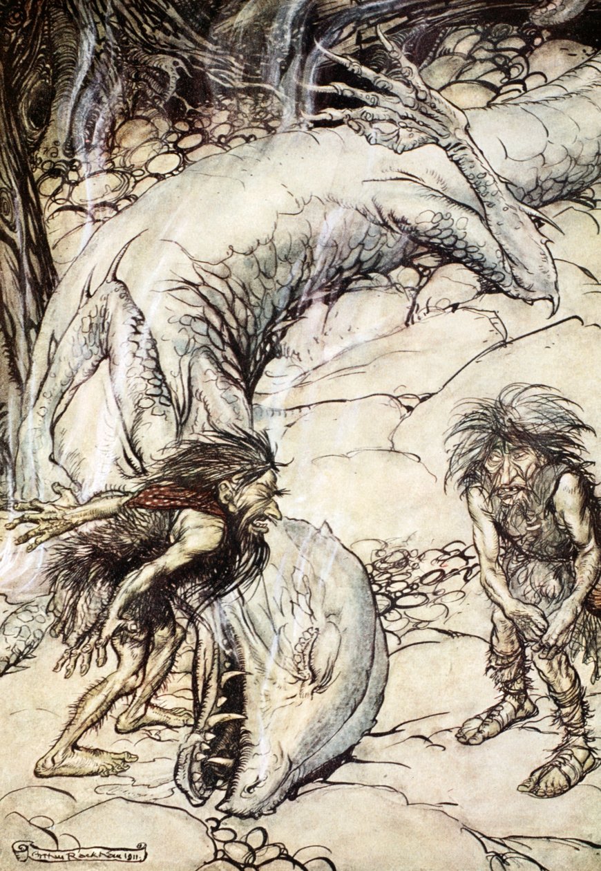 „Karnoludy kłócą się o ciało Fafnera”, 1924. autorstwa Arthur Rackham