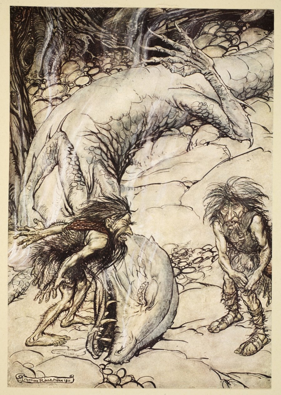 Krasnoludy kłócą się o ciało Fafnera, ilustracja z „Zygfryda i zmierzchu bogów”, 1924 autorstwa Arthur Rackham