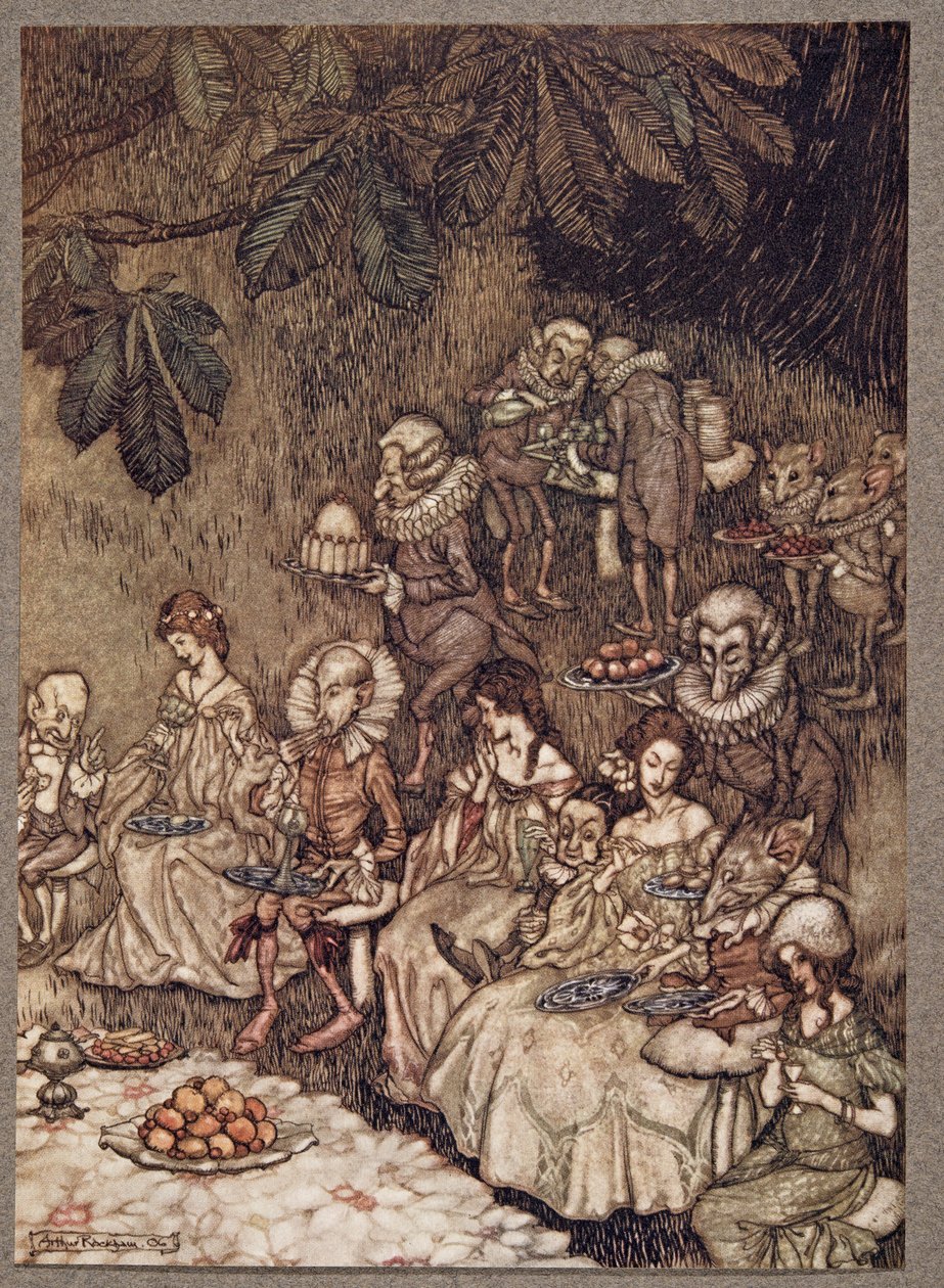 Wróżki siedzą wokół grzybów i na początku są grzeczne, od Piotruś Pan w Kensington Gardens JM Barrie (1860 - 1937), wyd. 1906 autorstwa Arthur Rackham