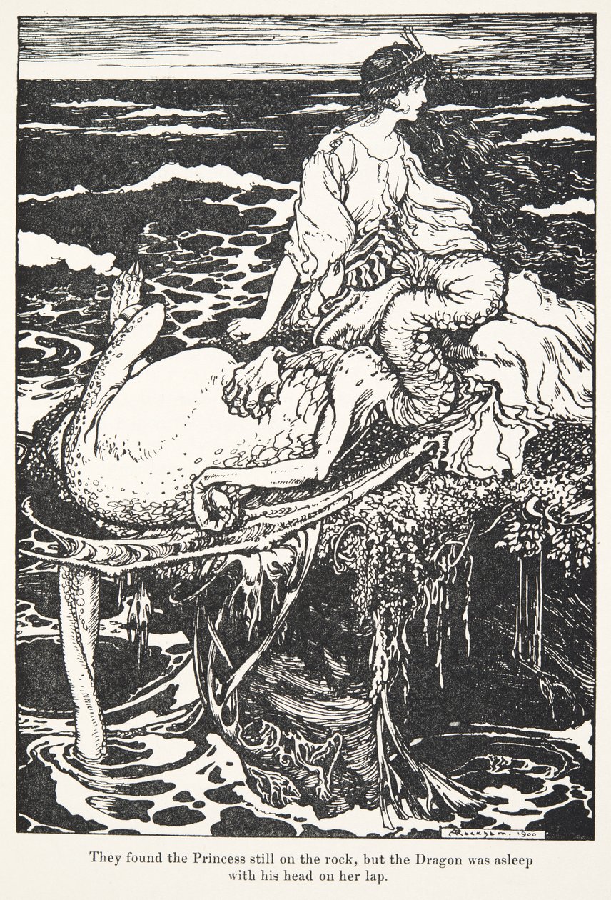 Księżniczka wciąż leżała na skale, ale Smok spał z głową na kolanach, z The Fairy Tales of the Brothers Grimm, pub. 1909 autorstwa Arthur Rackham