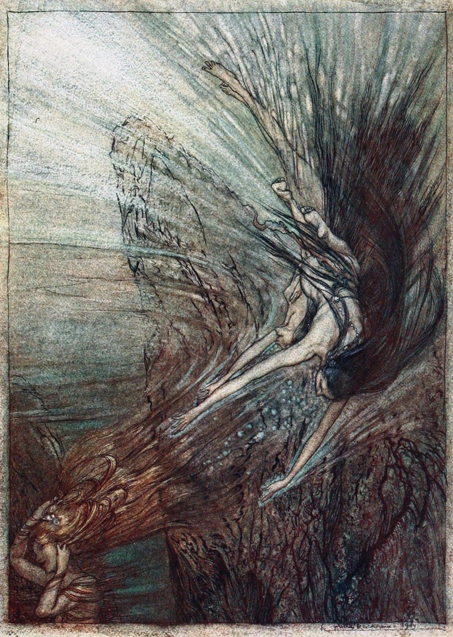 Igraszki Nadrenii. Ilustracja do Złota Renu i Walkirii Richarda Wagnera, autorstwa Arthur Rackham