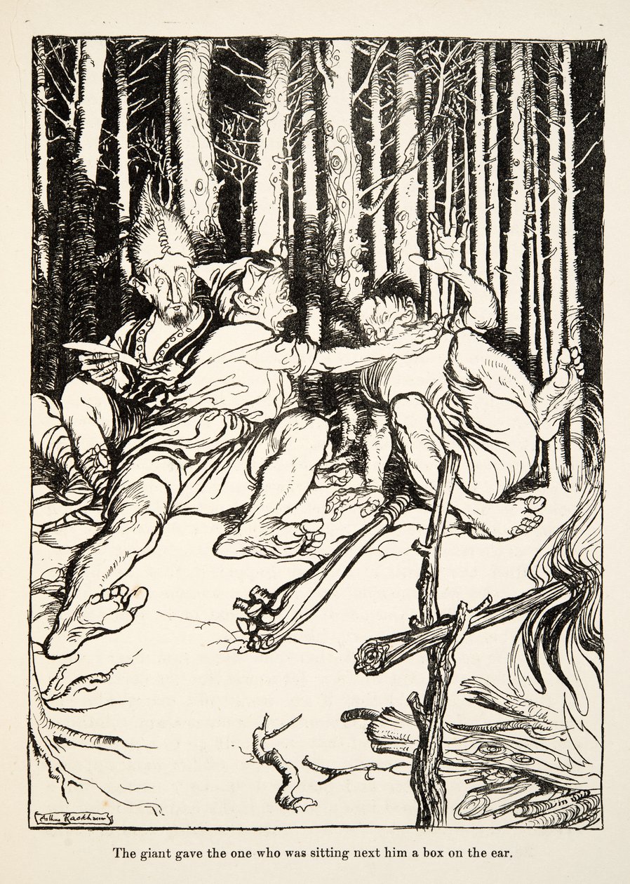 Gigant podarował siedzącemu obok pudełeczko na ucho, z Little Brother & Little Sister i Other Tales by the Brothers Grimm, pub.1917 (lito) autorstwa Arthur Rackham