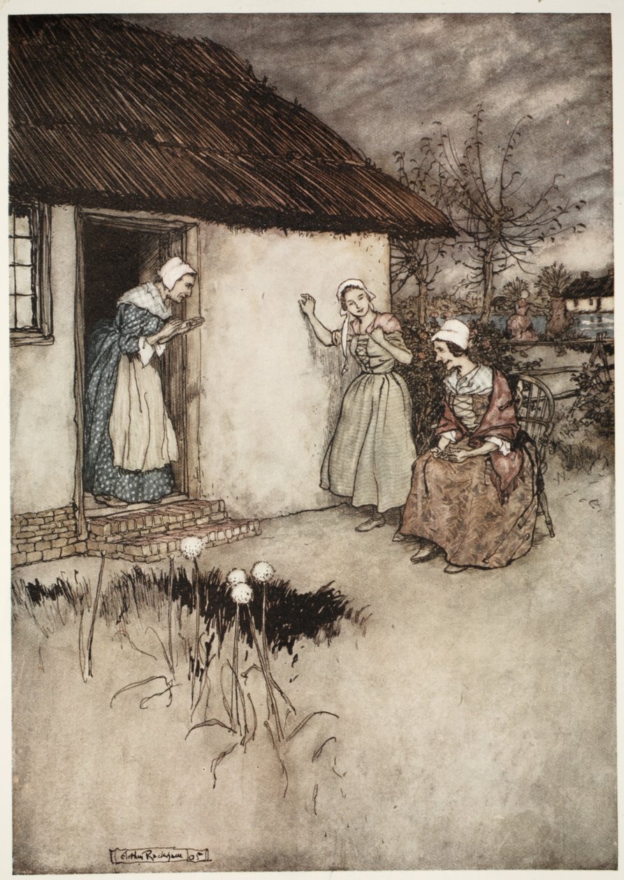 Dobre żony z wioski nigdy nie zawiodły, plotkując wieczorami, zrzucając całą winę na Dame Van Winkle z pubu Rip Van Winkle wydanego przez Washington Irving. 1910 autorstwa Arthur Rackham