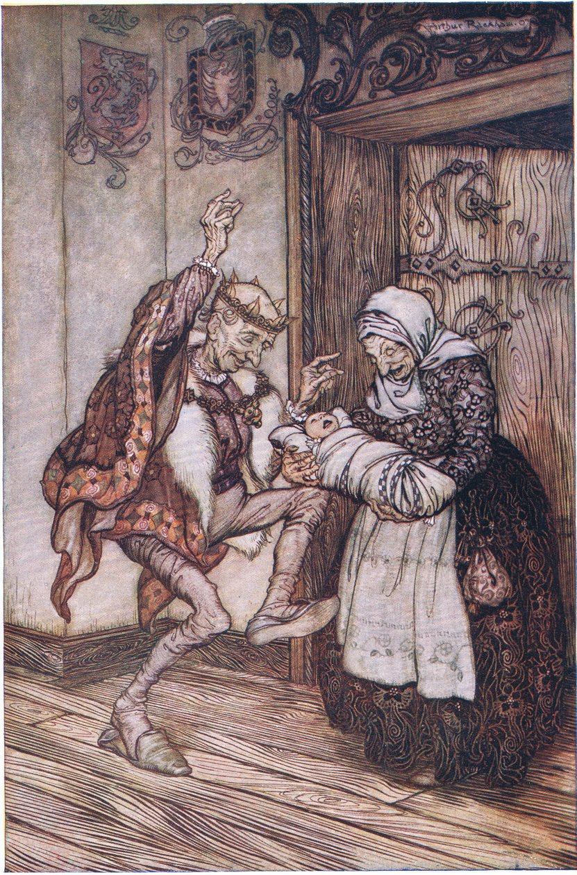 Król nie mógł się powstrzymać z radości (kolor lito) autorstwa Arthur Rackham