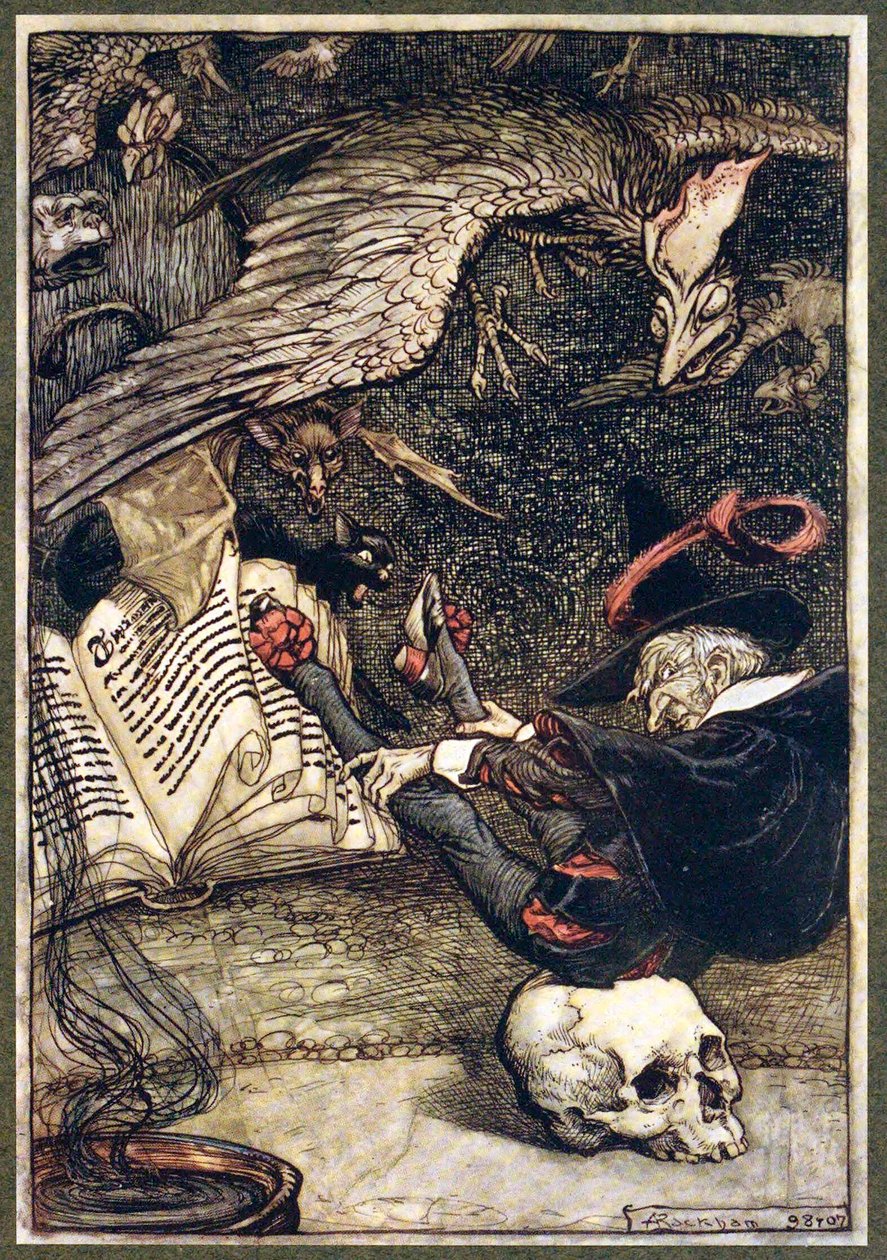 Mały człowieczek usiadł pośrodku kręgu na dużej czaszce, pub. 1907. autorstwa Arthur Rackham