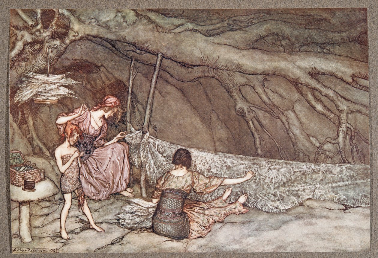 Mali ludzie tkają swoje letnie zasłony z liści szkieletów... , z Piotrusia Pana w Ogrodach Kensington J M Barrie (1860 - 1937), pub. 1906 autorstwa Arthur Rackham