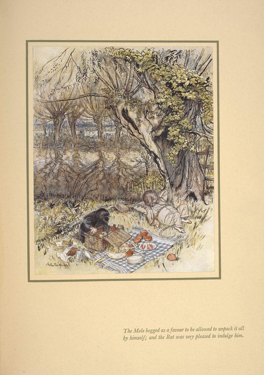 „Kret błagał o przysługę, aby mógł sam to wszystko rozpakować; a szczur był bardzo zadowolony, że mógł mu dogodzić”. autorstwa Arthur Rackham