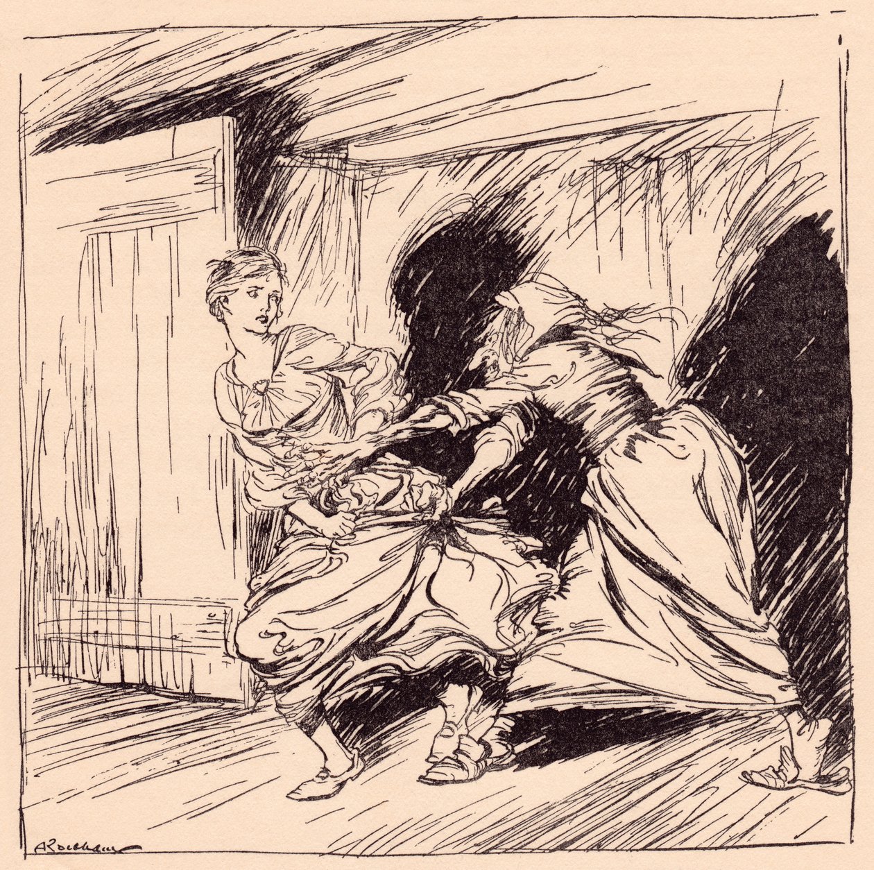 A velha agarrou-a pelo vestido e tentou segurá-la. Ilustração de Arthur Rackham do Conto de Fadas de Grimm, A Árvore Encantada.polonês autorstwa Arthur Rackham