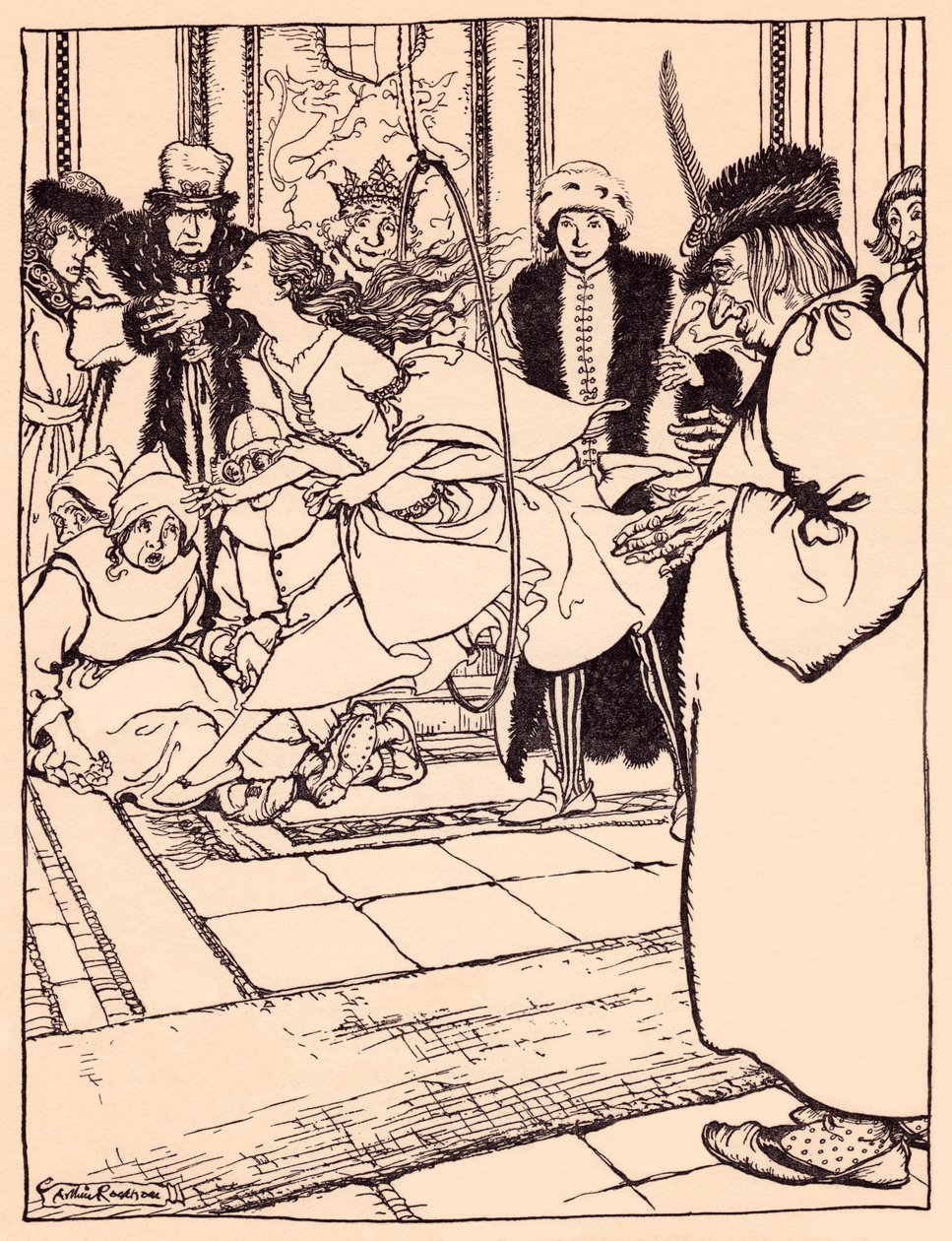 Ładna dziewczyna przeskoczyła przez obręcz z lekkością jak jeleń. Ilustracja autorstwa Arthura Rackhama z baśni Grimm, Trzy pióra. autorstwa Arthur Rackham