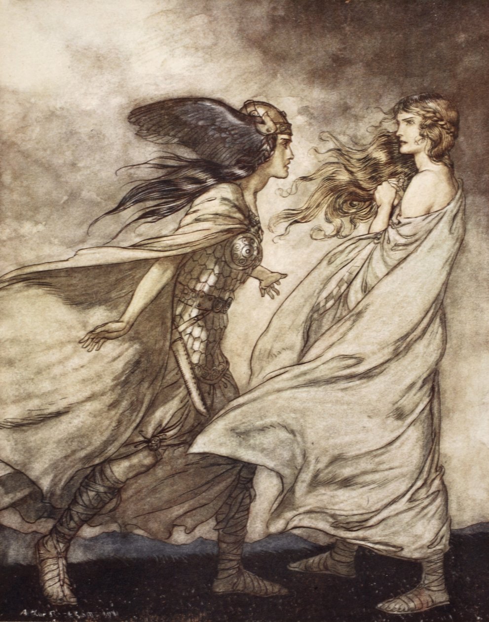 „Pierścień na twojej ręce... ach błagaj! Dla Wotana odrzuć to!”, ilustracja z „Siegfried and the Twilight of the Gods” autorstwa Arthur Rackham