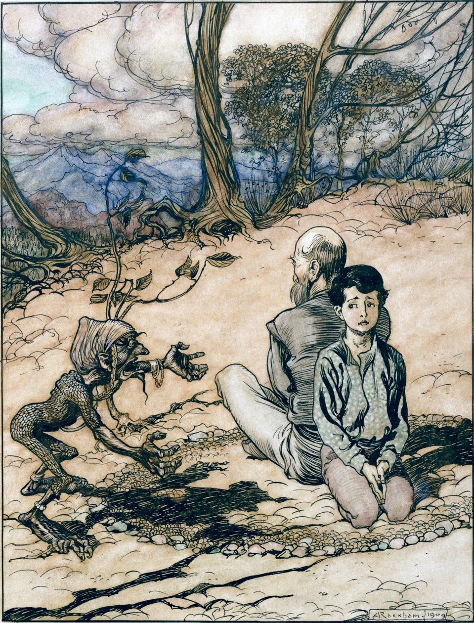 Syn utworzył krąg, a jego ojciec i on zajęli w nim miejsca, i pojawił się mały czarny manekin, ilustracja z Króla Złotej Góry w Bajkach braci Grimm, autorstwa Arthur Rackham