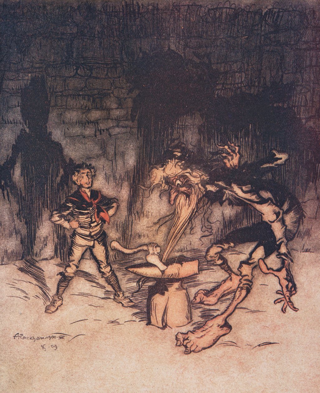 Młodzieniec wziął siekierę i jednym ciosem rozłupał kowadło, wbijając się jednocześnie w brodę Old Mans, z The Fairy Tales of the Brothers Grimm, pub. 1909 autorstwa Arthur Rackham