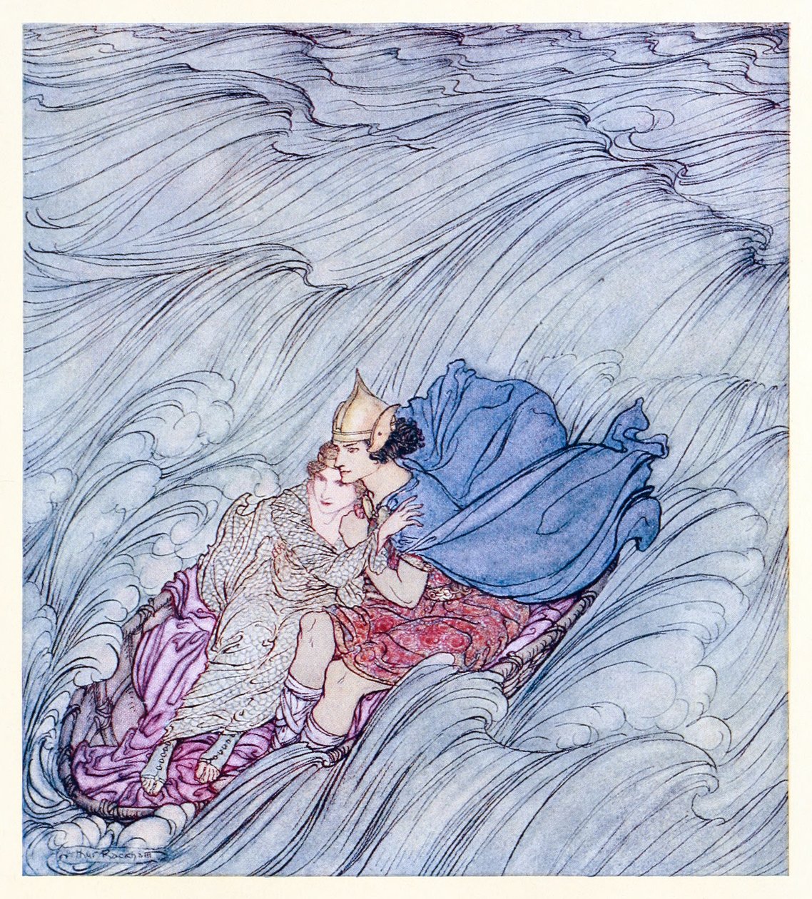 Fale wszystkich światów zdawały się wirować obok nich w jednym wielkim zielonym dywanie z Becuma of the White Skin w irlandzkich bajkach autorstwa Arthur Rackham
