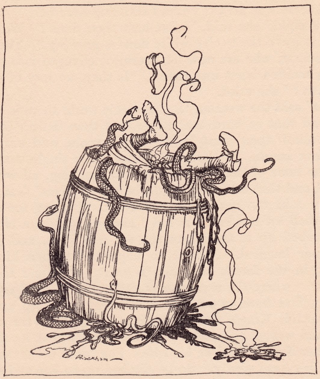 Złą teściową wsadzono do beczki pełnej wrzącego oleju i jadowitych węży. Ilustracja autorstwa Arthura Rackhama z baśni braci Grimm, Dwunastu braci, opublikowanej pod koniec XIX wieku. autorstwa Arthur Rackham