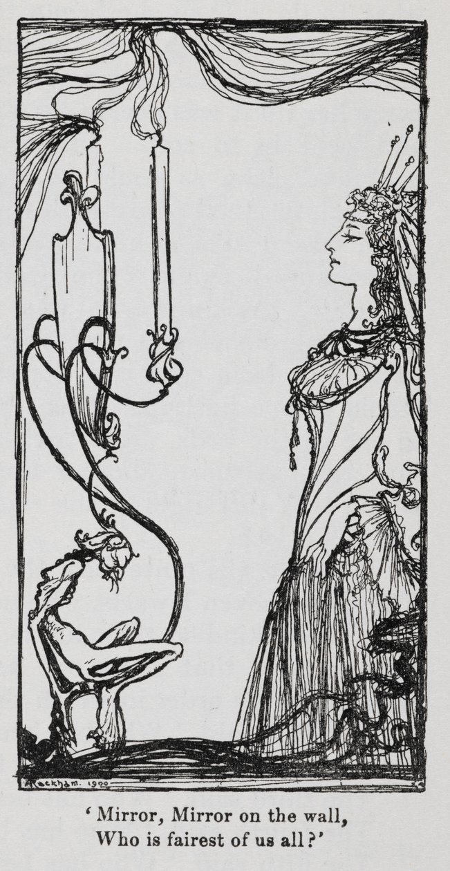 Zła królowa przeglądająca się w lustrze z Przebiśnieg (Królewna Śnieżka) autorstwa Arthur Rackham