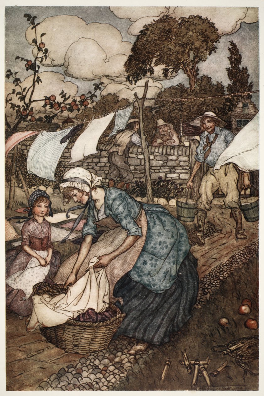Kobiety z wioski zatrudniały go do takich drobnych prac dorywczych, jakich ich mniej usłużni mężowie nie zrobiliby dla nich., z Rip Van Winkle wyd. Washington Irving, pub. 1910 autorstwa Arthur Rackham