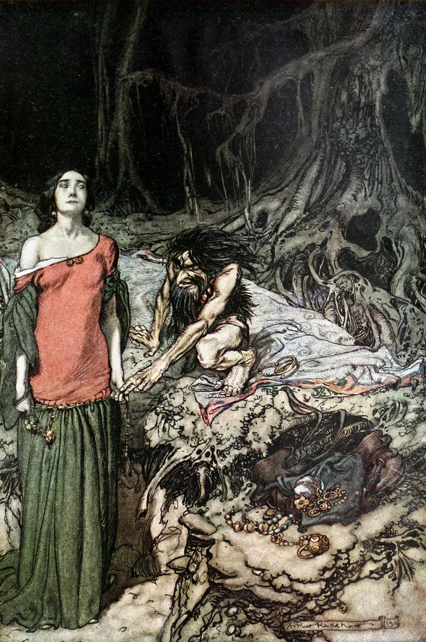 Zaloty Grimhildy, matki Hagena. Ilustracja do Zygfryda i Zmierzchu Go autorstwa Arthur Rackham