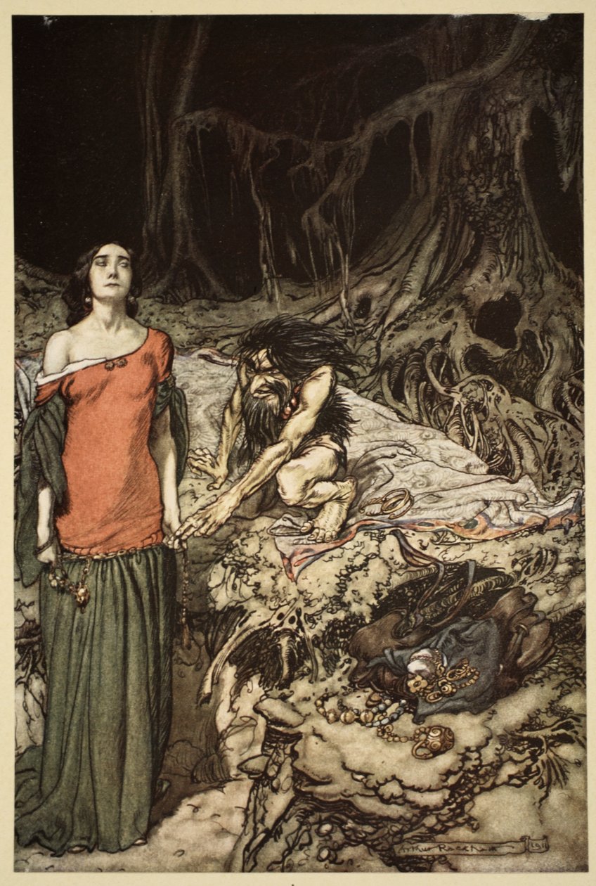 Zaloty Grimhildy, matki Hagena, z „Zygfryda i Zmierzch bogów”, 1910 autorstwa Arthur Rackham