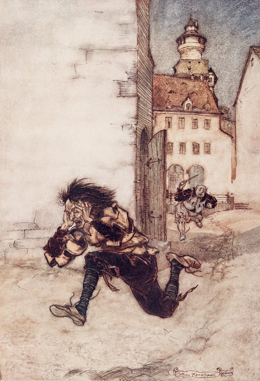 Potem pobiegł za nim, wciąż trzymając nóż do rzeźbienia, i krzyknął Tylko jeden, tylko jeden! z Bajek braci Grimm, wyd. 1909 autorstwa Arthur Rackham