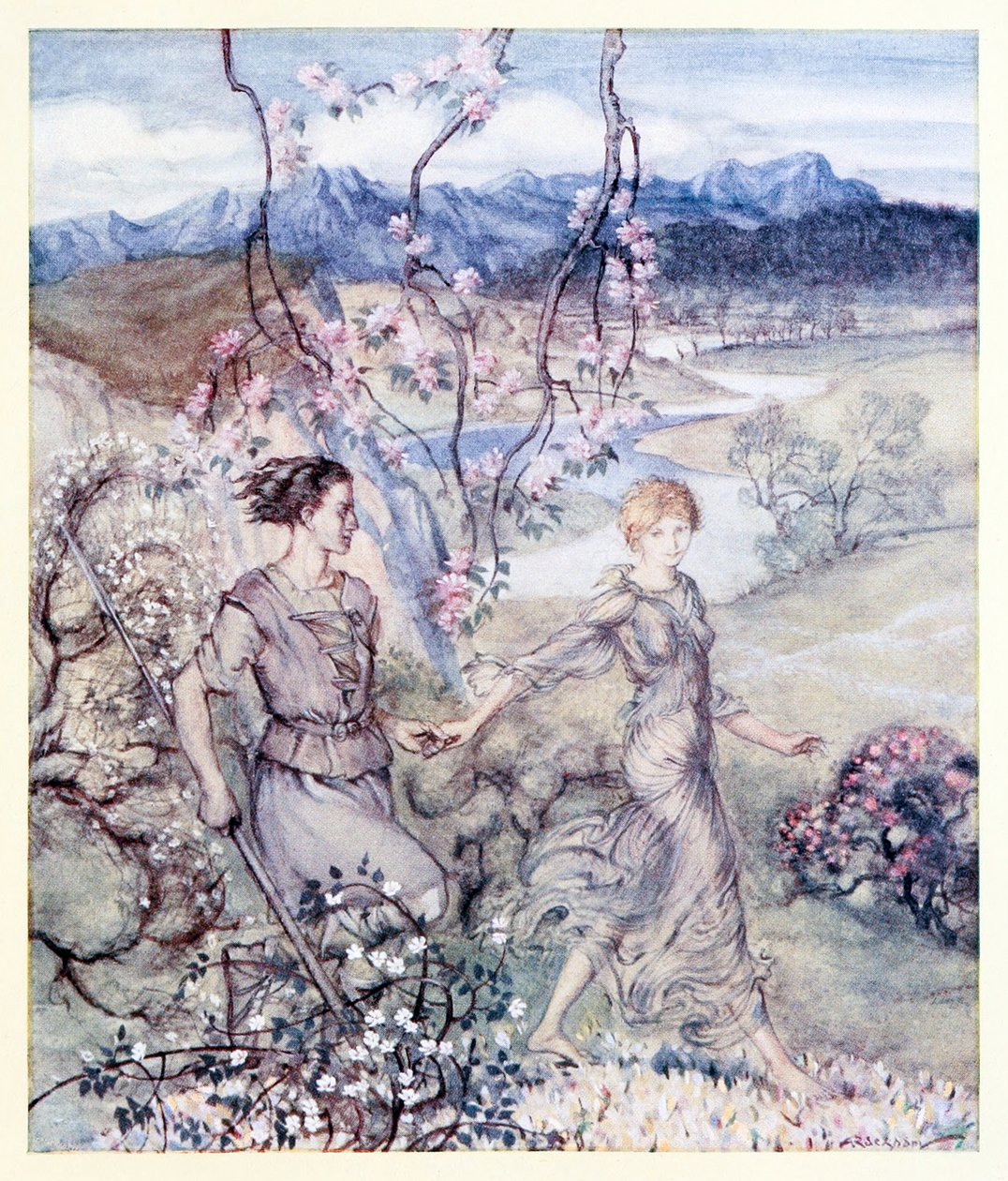 Potem [Iollan i Tuiren] poszli ramię w ramię w kraju pachnącym kwiatem jabłoni i miodem. z Narodzin Otrębów w irlandzkich bajkach autorstwa Arthur Rackham