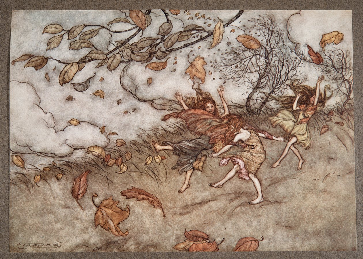Nie ma prawie nic, co miałoby tak żywe poczucie zabawy jak opadły liść, od Piotrusia Pana w Kensington Gardens JM Barrie (1860 - 1937), wyd. 1906 autorstwa Arthur Rackham
