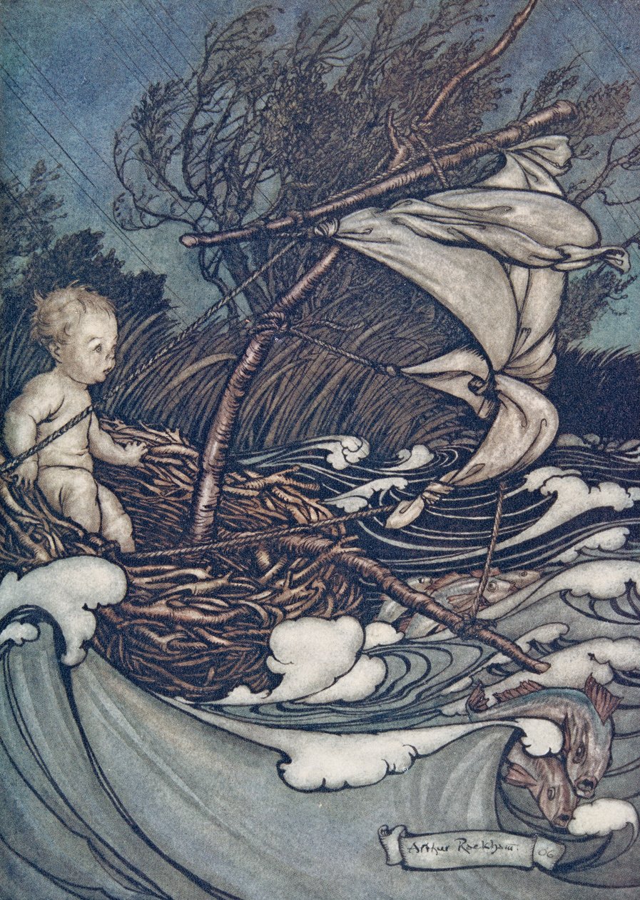 Teraz rozpętała się potężna burza i został rzucony tam i z powrotem... od Piotrusia Pana w Kensington Gardens przez JM Barrie (1860 - 1937), wyd. 1906 autorstwa Arthur Rackham