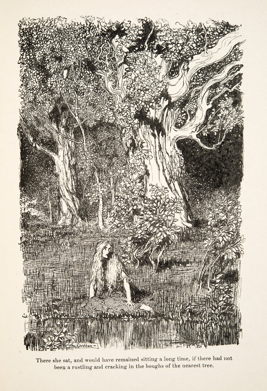 Siedziała tam i siedziałaby długo, gdyby nie szelest i trzask w konarach najbliższego drzewa, z Little Brother & Little Sister and Other Tales by the Brothers Grimm, wyd. 1917 (lito) autorstwa Arthur Rackham