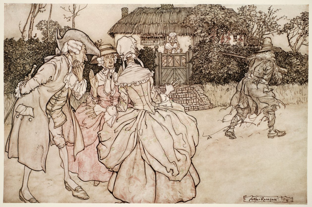 Wszyscy wpatrywali się w niego z równymi znakami zaskoczenia i niezmiennie głaskali się po brodzie., z pubu Rip Van Winkle w Washington Irving. 1910 autorstwa Arthur Rackham