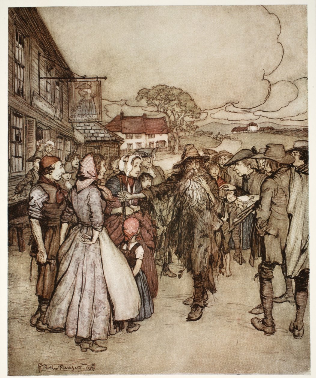 Stłoczyli się wokół niego, przyglądając mu się od stóp do głów z wielką ciekawością. Z pubu Rip Van Winkle by Washington Irving. 1910 autorstwa Arthur Rackham
