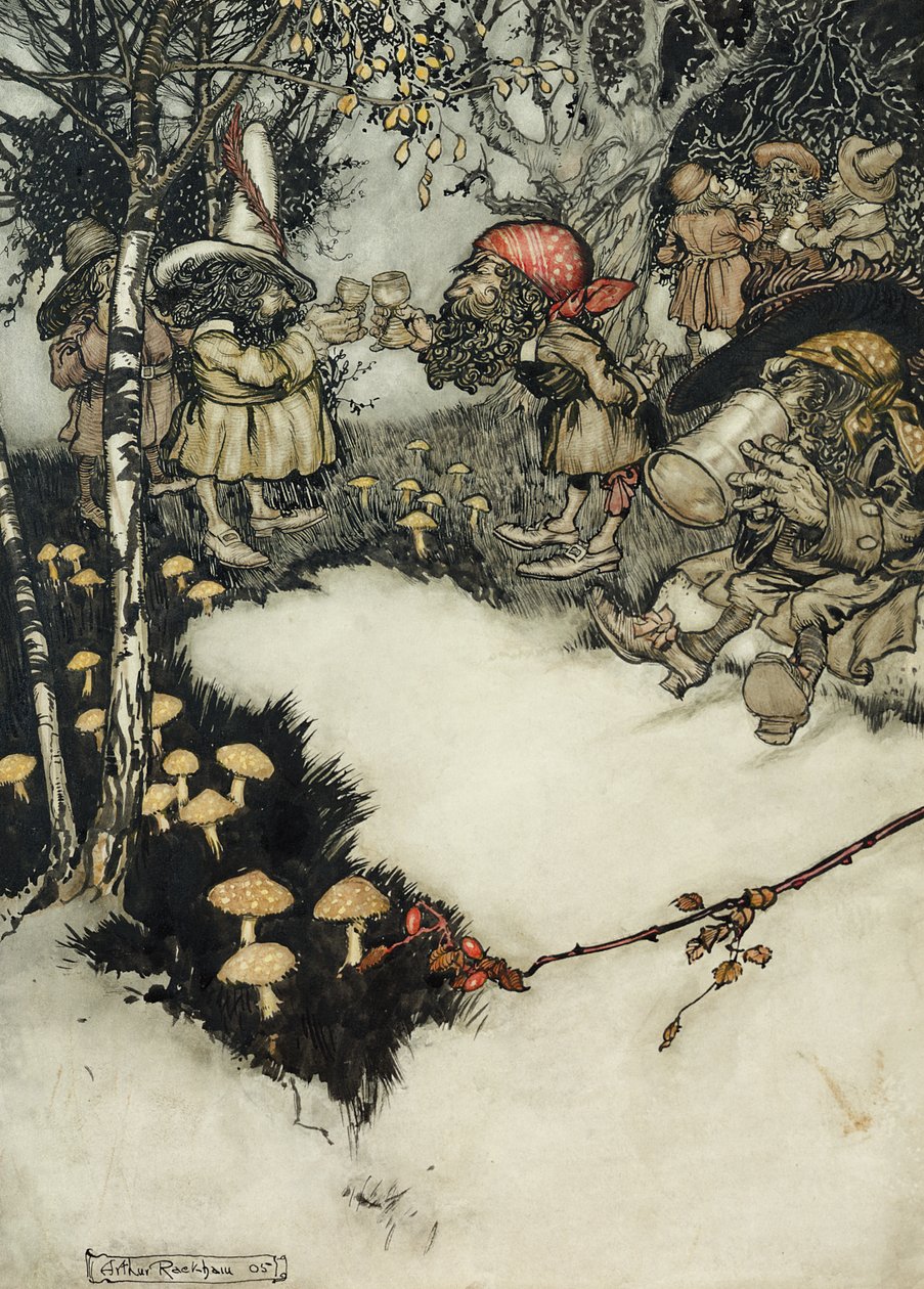 Pili alkohol w głębokiej ciszy, 1905 (pióro i wc i toaleta na papierze) autorstwa Arthur Rackham