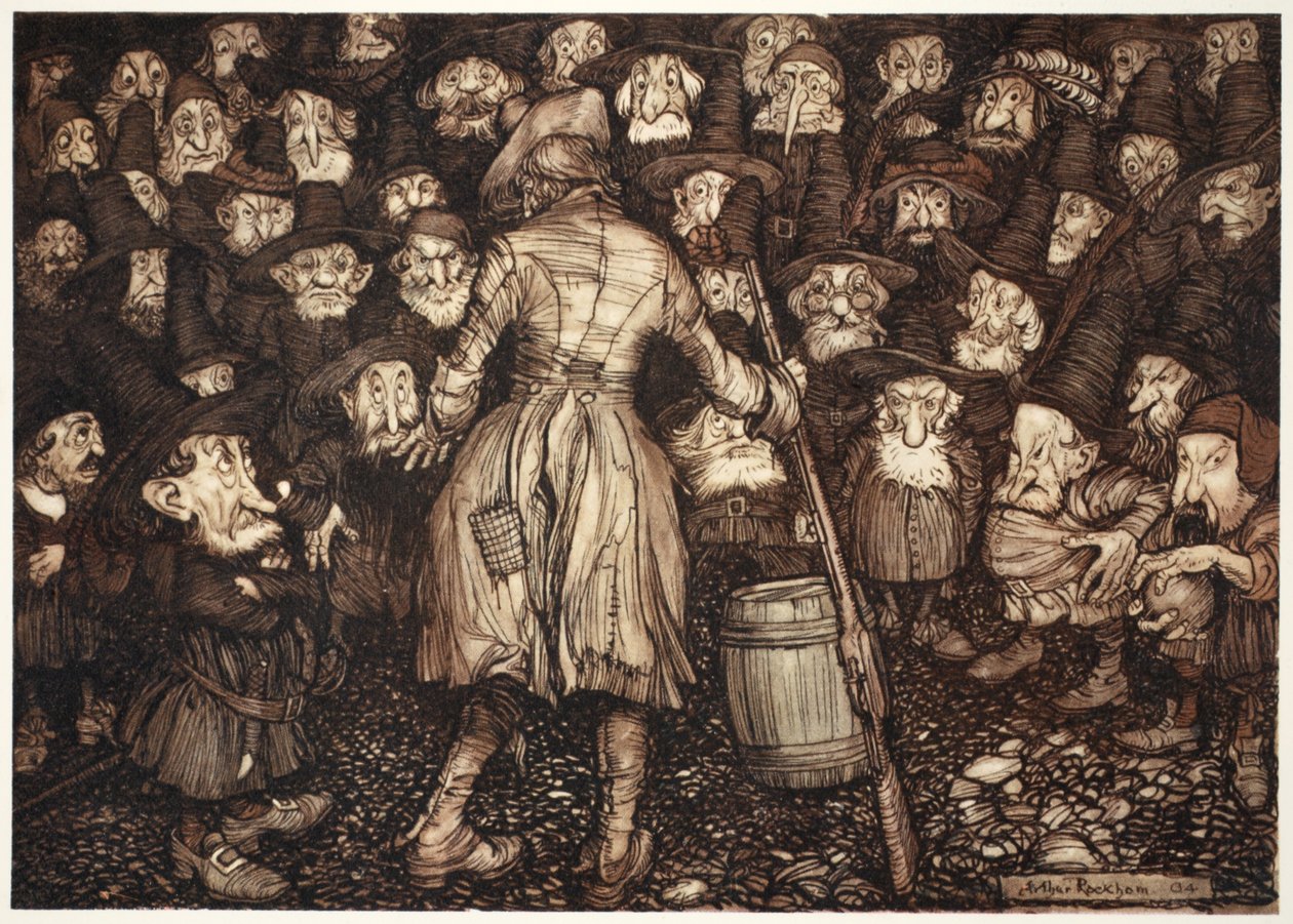 Wpatrywali się w niego tak nieruchomym, posągowym wzrokiem, że serce zakręciło się w nim, a kolana zderzyły się razem., z pubu Rip Van Winkle by Washington Irving. 1910 autorstwa Arthur Rackham