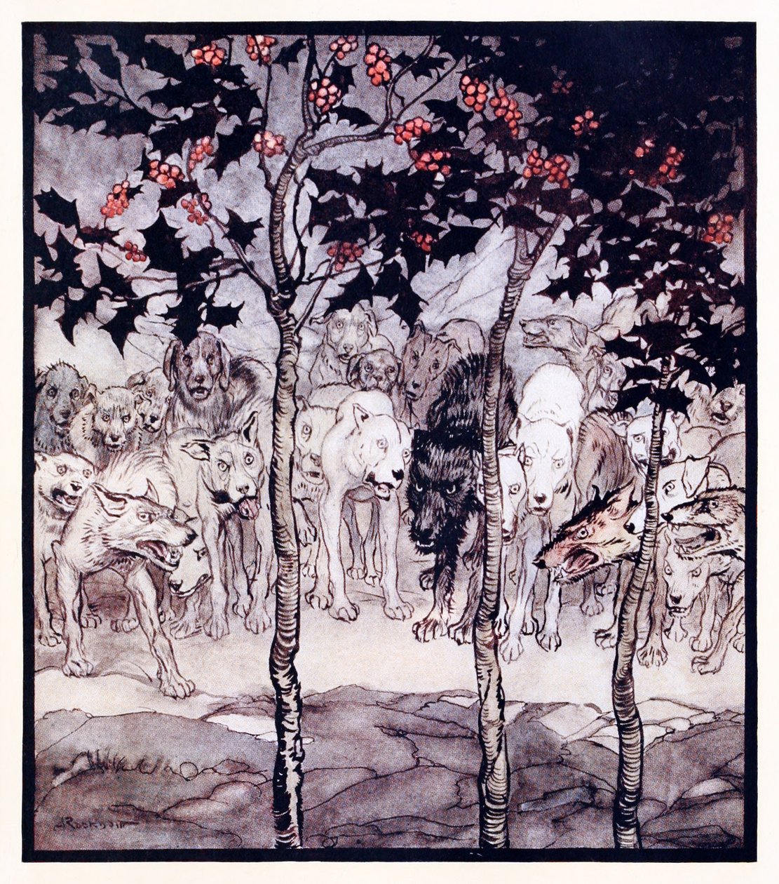 Stali na zewnątrz, przepełnieni dzikością i przerażeniem. z Zaczarowanej Jaskini Cesh Corran w irlandzkich bajkach autorstwa Arthur Rackham