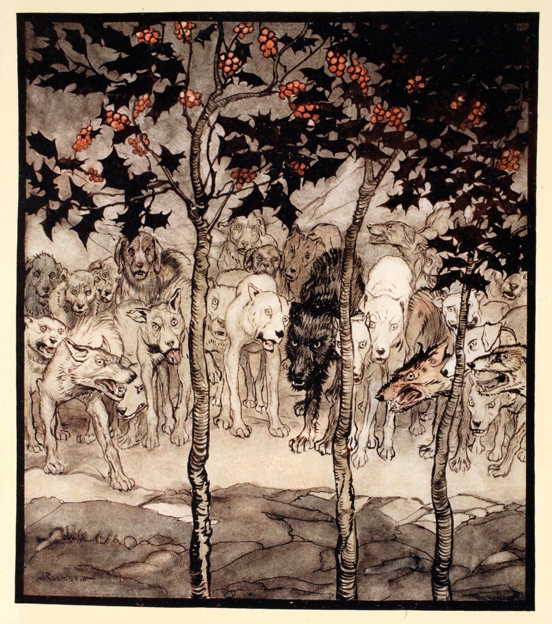 Stali na zewnątrz, przepełnieni dzikością i przerażeniem, ilustracja z „Irish Fairy Tales” Jamesa Stephensa autorstwa Arthur Rackham