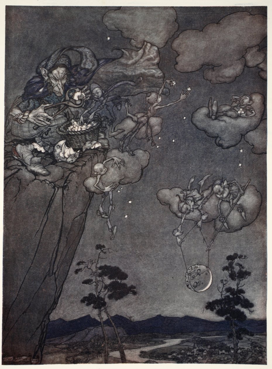 Były rządzone przez starego ducha squaw, który powiesił nowiu na niebie i pociął stare na gwiazdy. z Rip Van Winkle w pubie Washington Irving. 1910 autorstwa Arthur Rackham