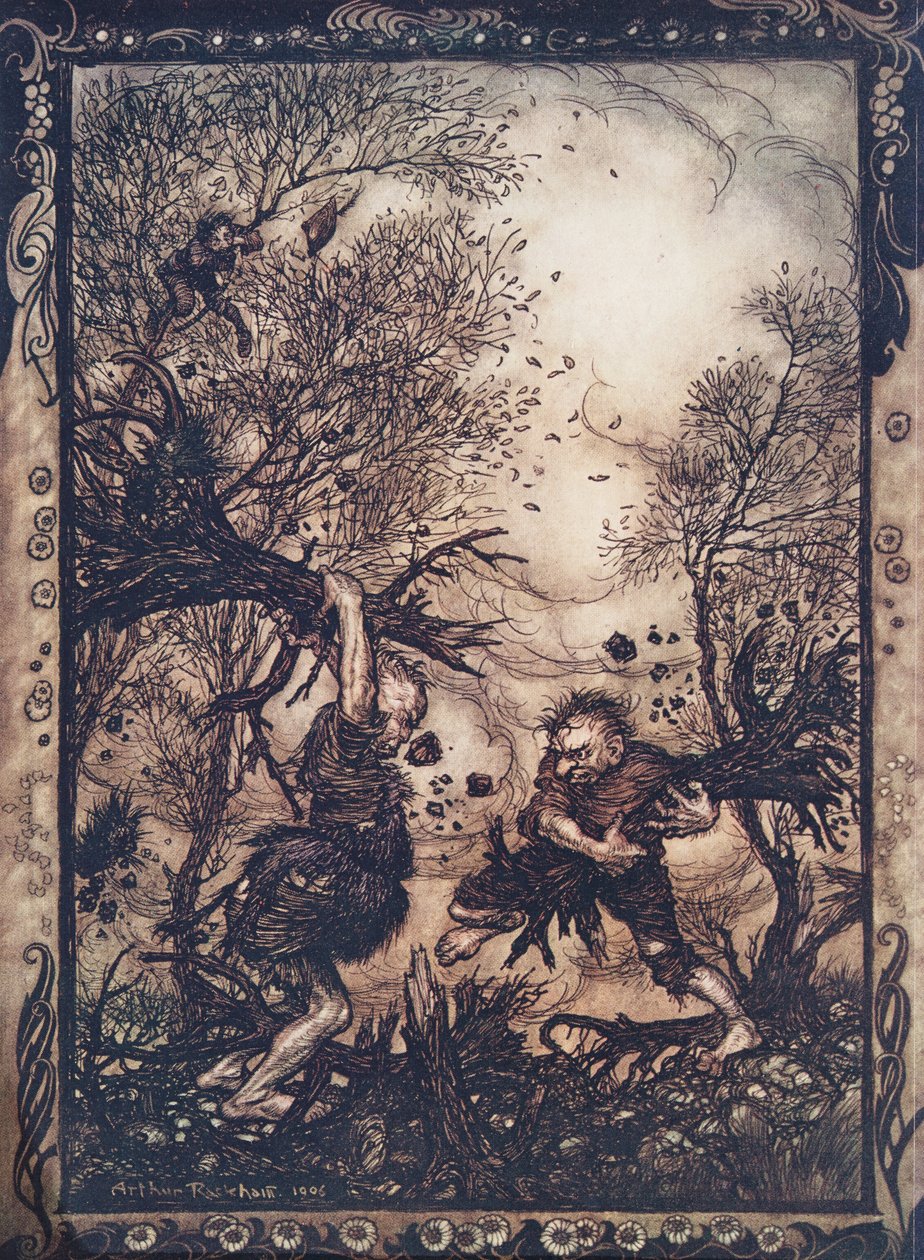Wpadli w taką wściekłość, że wyrywali drzewa po korzenie i rąbali się nawzajem, aż obaj padli martwi, z pubu The Fairy Tales of the Brothers Grimm. 1909 autorstwa Arthur Rackham