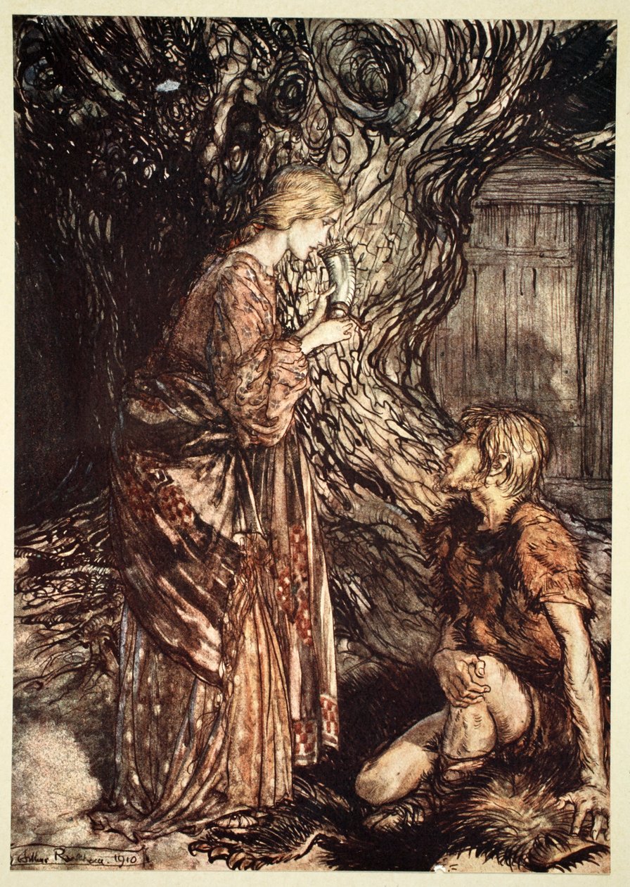 „Ten uzdrawiający i miodowy łyk miodu pitnego raczył przyjąć ode mnie”, 1910. autorstwa Arthur Rackham