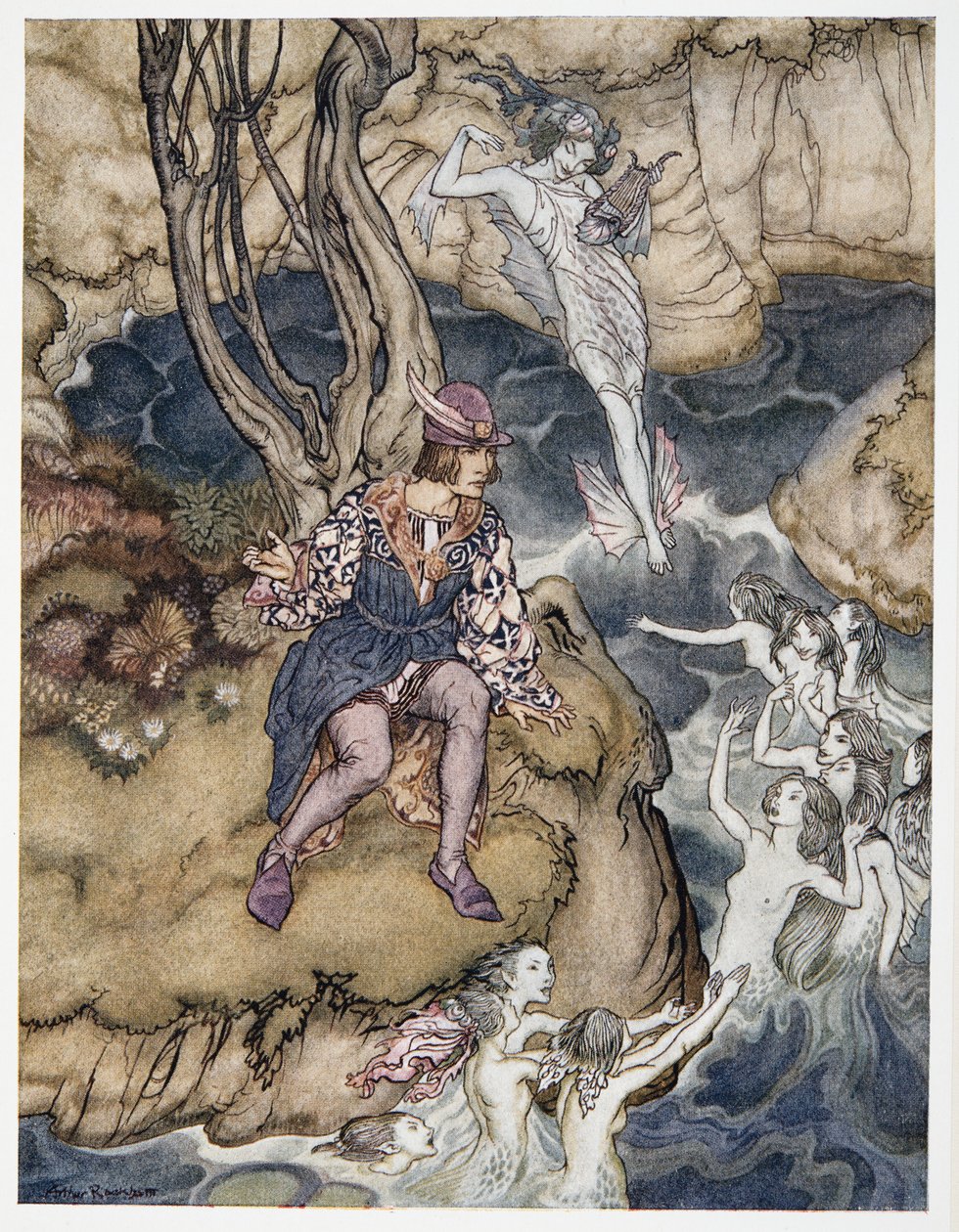 Ta muzyka pełzała przez być na wodach, ilustracja z William Shakespeares The Tempest, pub. 1926 autorstwa Arthur Rackham