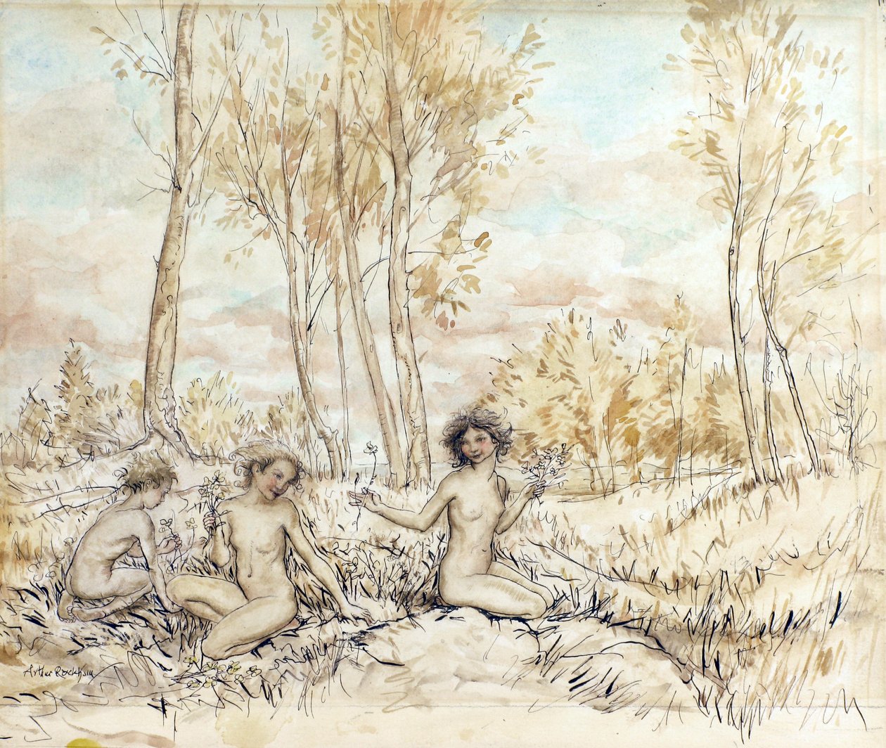 Trzy leśne nimfy zbierające kwiaty (pióro i atrament oraz toaleta na papierze) autorstwa Arthur Rackham
