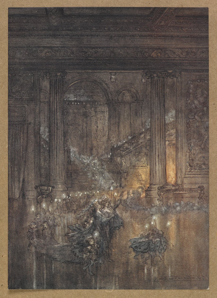 Przez dom migota światło przy zgasłym i sennym ogniu”. Kadr z filmu „Sen nocy letniej”. autorstwa Arthur Rackham