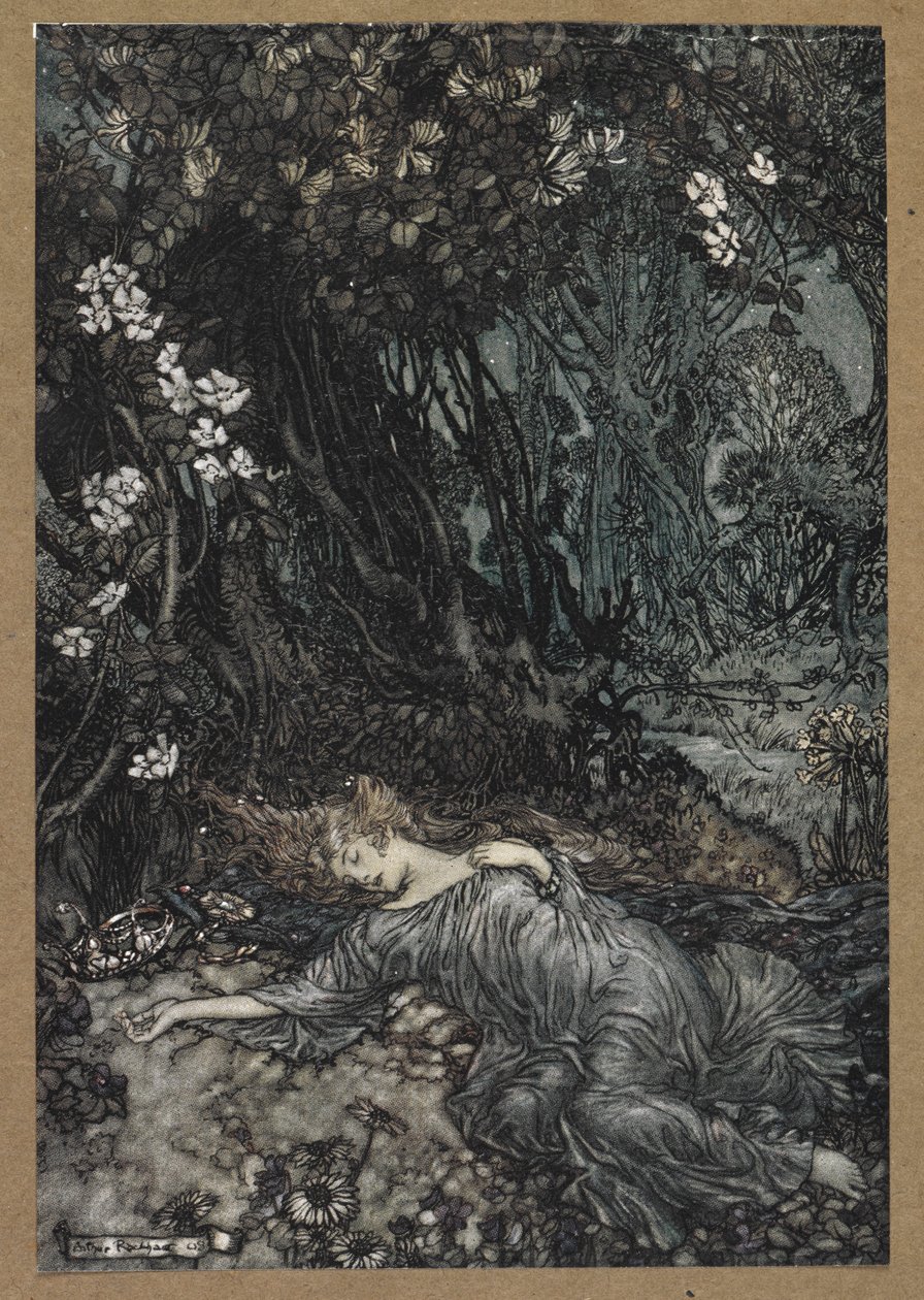 Tytania śpiąca”. Kadr z filmu „Sen nocy letniej”. autorstwa Arthur Rackham
