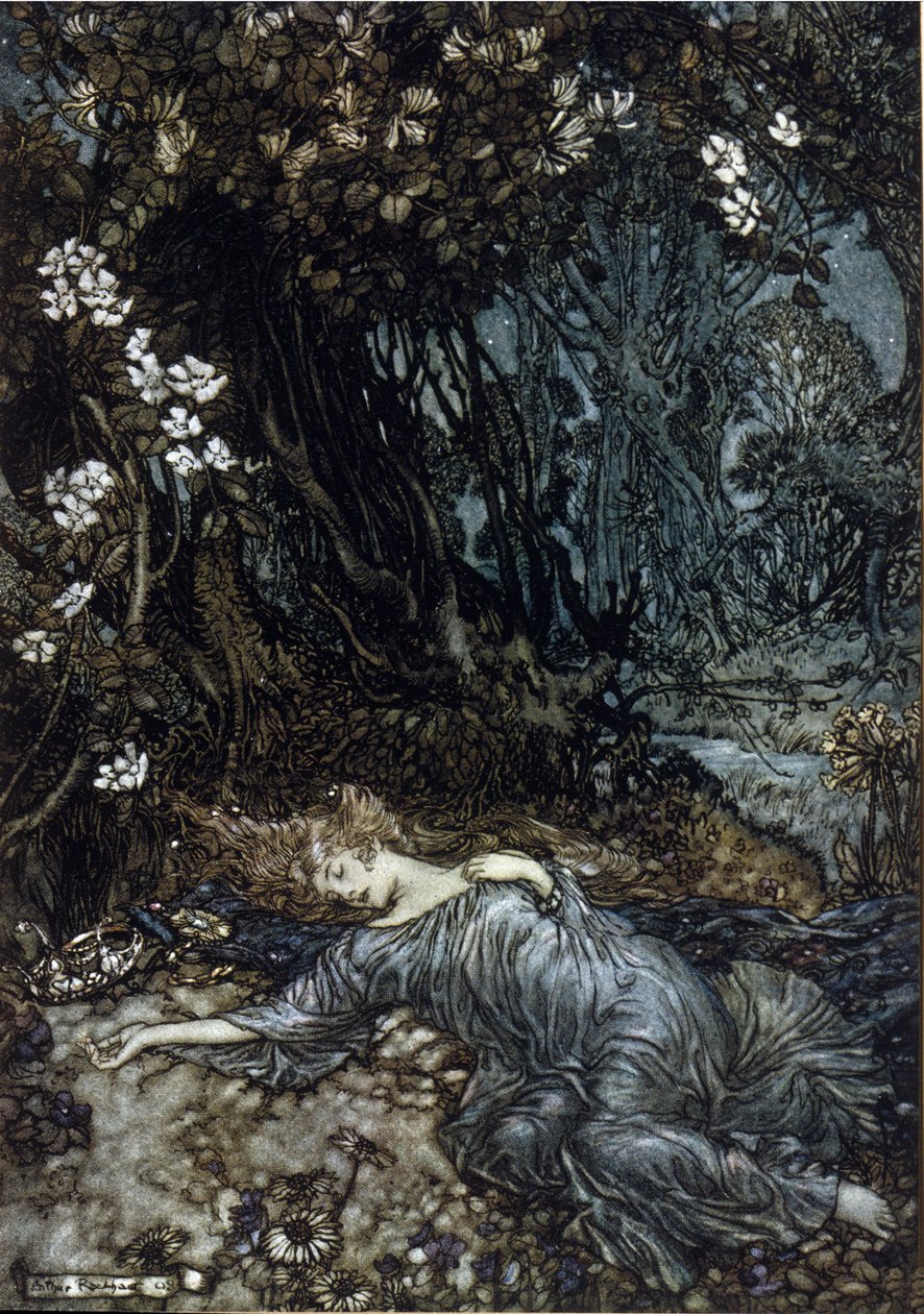 Tytania, Królowa Opłat, śpi. Ilustracja Arthura RACKHAMA (1867-1939) do „Snu letniej nocy” Williama Szekspira autorstwa Arthur Rackham