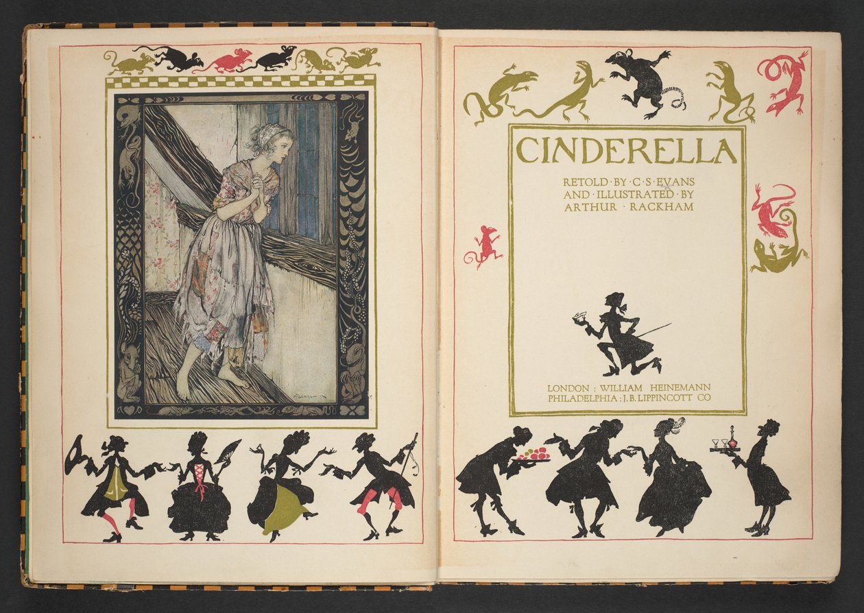 Strona tytułowa i frontyspis z Kopciuszka, powtórzony przez C.S. Evansa i zilustrowany przez Arthura Rackhama autorstwa Arthur Rackham
