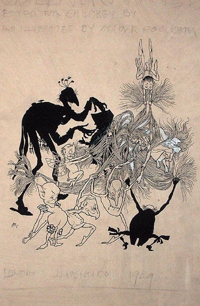 Ilustracja na stronie tytułowej „Zankiwank i Bletherwitch”, autorstwa S.J. Adair Fitzgerald, opublikowany 1896 (pióro i atrament na papierze) autorstwa Arthur Rackham