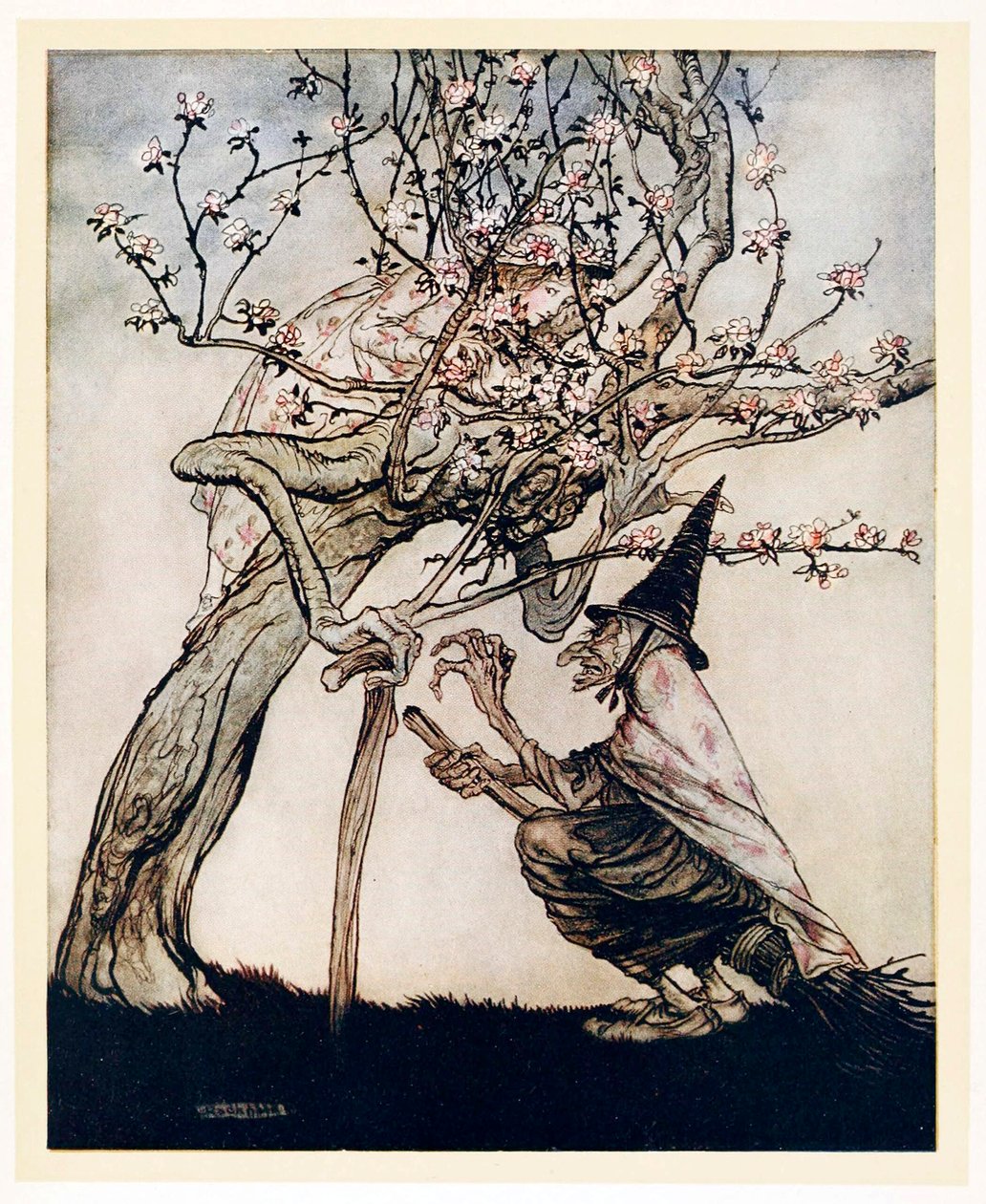 Moje drzewo! O moje drzewo! Widziałeś moją niegrzeczną pokojówkę, English Fairy Tales, pub 1922. autorstwa Arthur Rackham