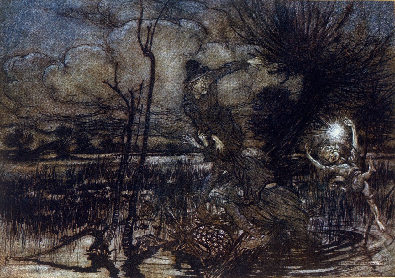 Dwóm postaciom nie udaje się utonąć w bagnie, Puck pomaga im rozpalić ogień. Ilustracja Arthura RACKHAMA (1867-1939) do „Snu letniej nocy” Williama Szekspira autorstwa Arthur Rackham