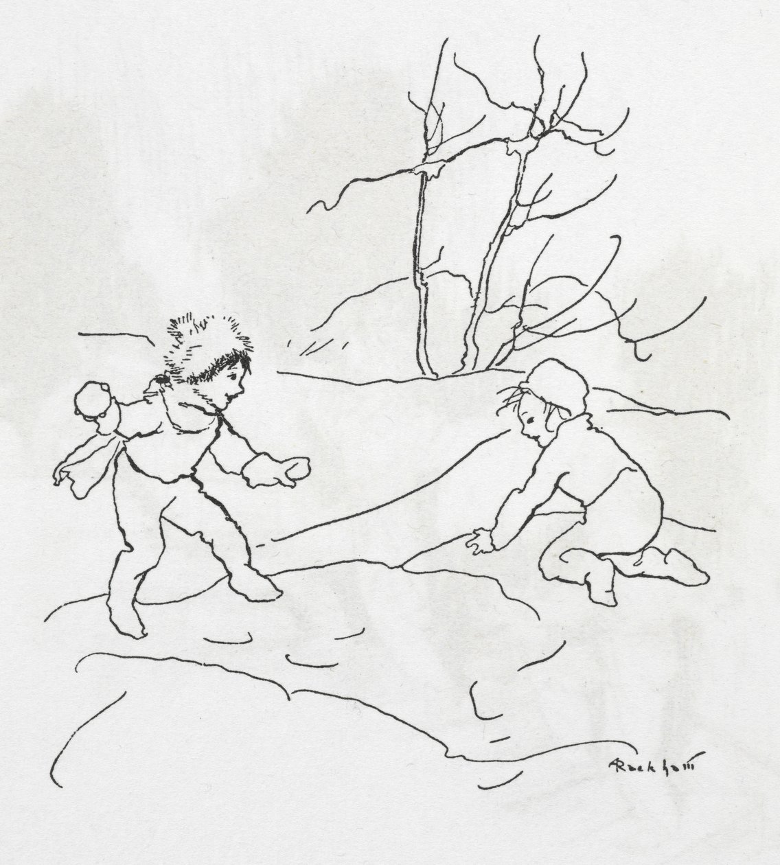 Dwoje dzieci podczas bitwy na śnieżki autorstwa Arthur Rackham