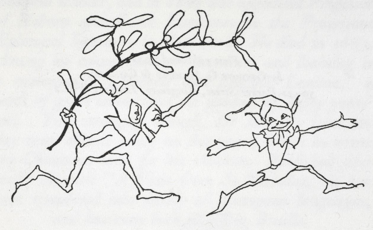 Dwa bawiące się elfy, jeden niosący gałązkę jemioły autorstwa Arthur Rackham