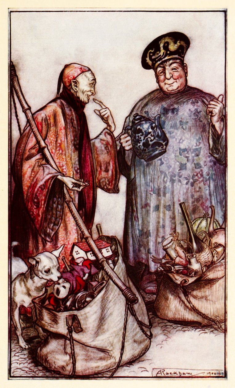 Dwóch z tych mędrców... jak handlarze wśród nas (wyrażając się rzeczami, które noszą) z części III: Podróż do Laputy, Balnibarbi, Luggnagg, Glubbdubdrib i Japonii w Gullivers Travels autorstwa Arthur Rackham