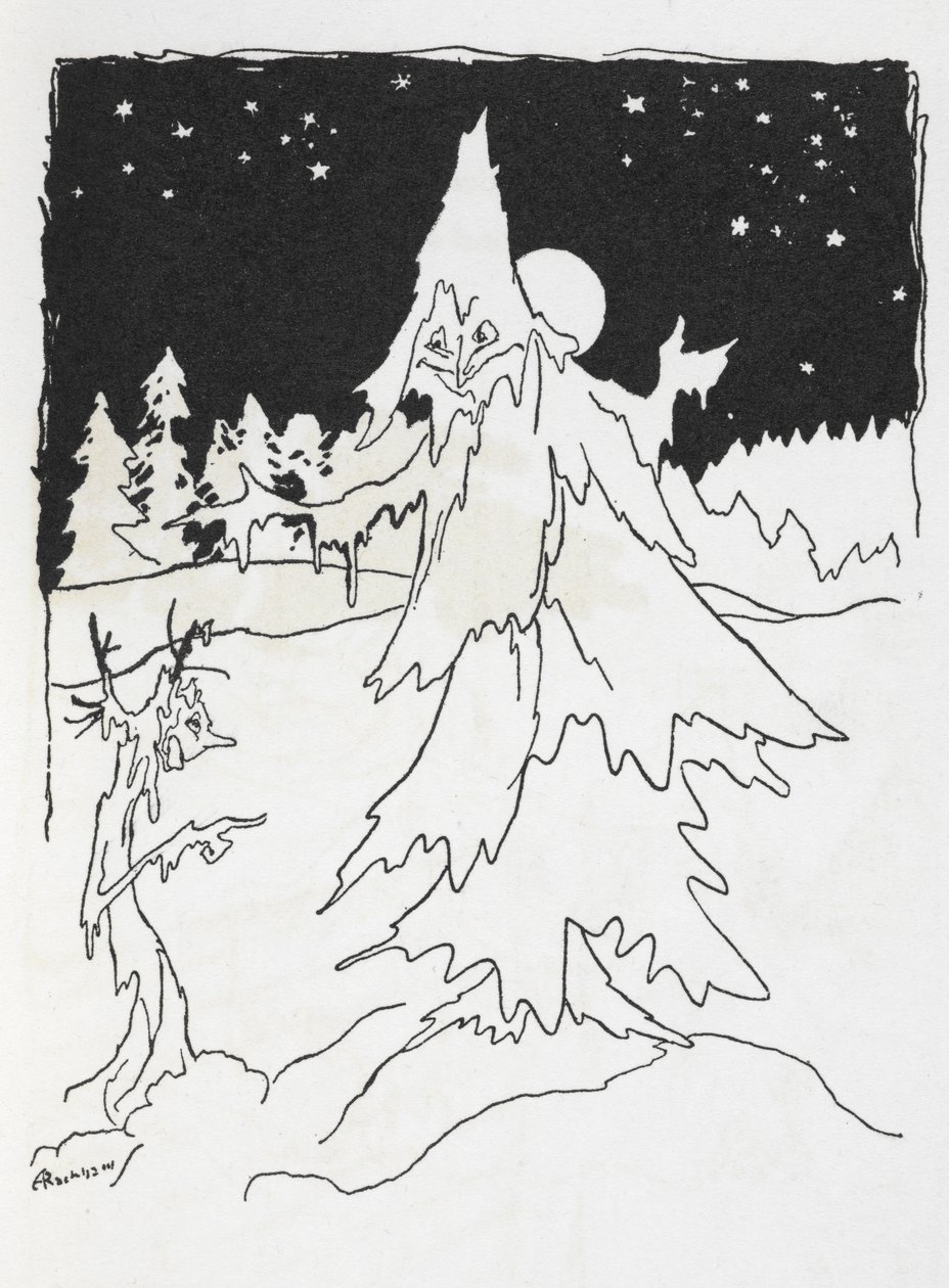 Dwóch drzewiastych ludzi w zaśnieżonym lesie autorstwa Arthur Rackham