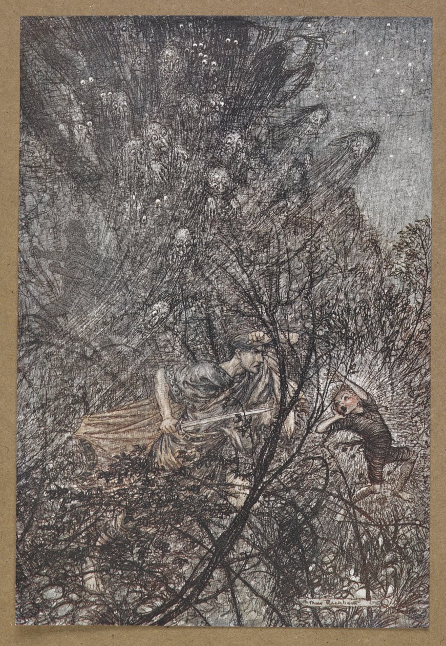 W górę iw dół, w górę iw dół, goblinie, prowadź ich w górę iw dół”. Kadr z filmu „Sen nocy letniej”. autorstwa Arthur Rackham